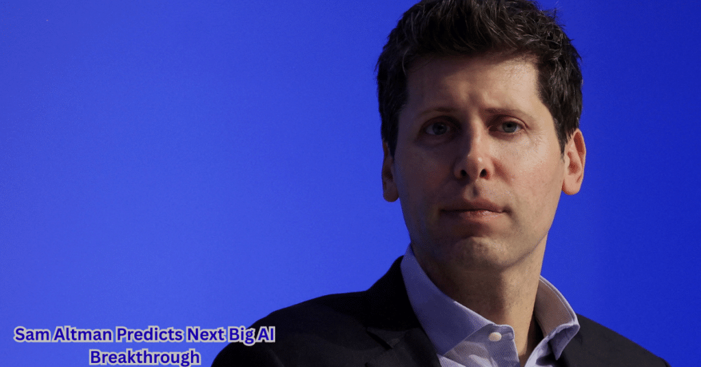 Close-up of a tech executive in a dark suit against a blue background, accompanying a headline about predicting the next major AI breakthrough.