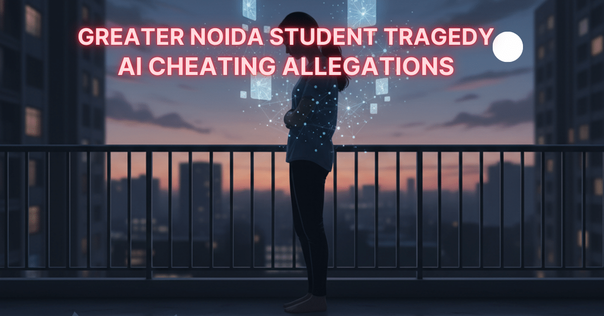 Somber illustration of Class 10 student exam pressure and AI ethics dilemma after scolded over AI use during exam in Greater Noida West.