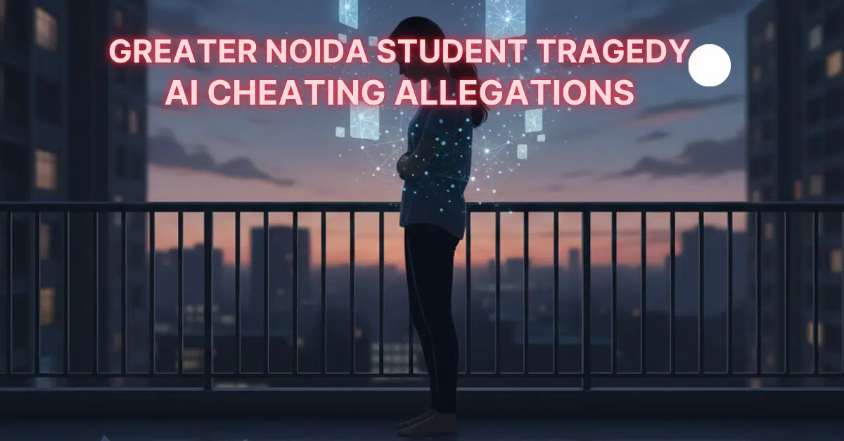 Somber illustration of Class 10 student exam pressure and AI ethics dilemma after scolded over AI use during exam in Greater Noida West.