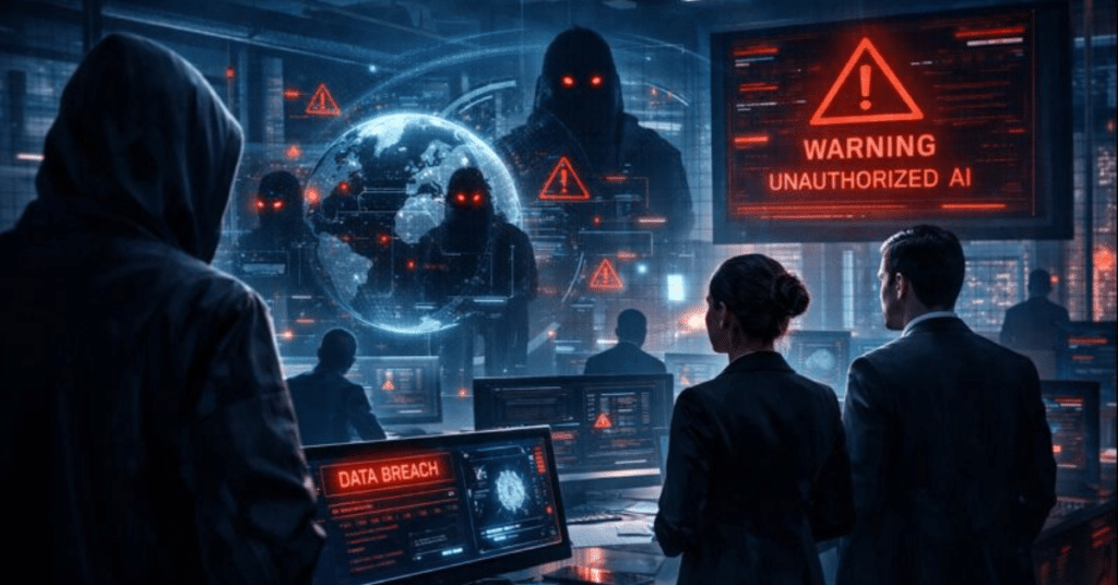 Futuristic corporate office exposed to shadow AI risks, showing unauthorized AI systems, data breach warnings, and executives facing cybersecurity threats from hidden artificial intelligence.
