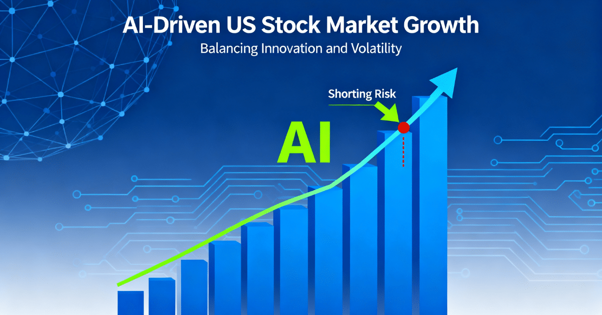 Financial graph showing rising US stock market influenced by AI technology with neural network and circuit patterns symbolizing AI's impact and shorting risks