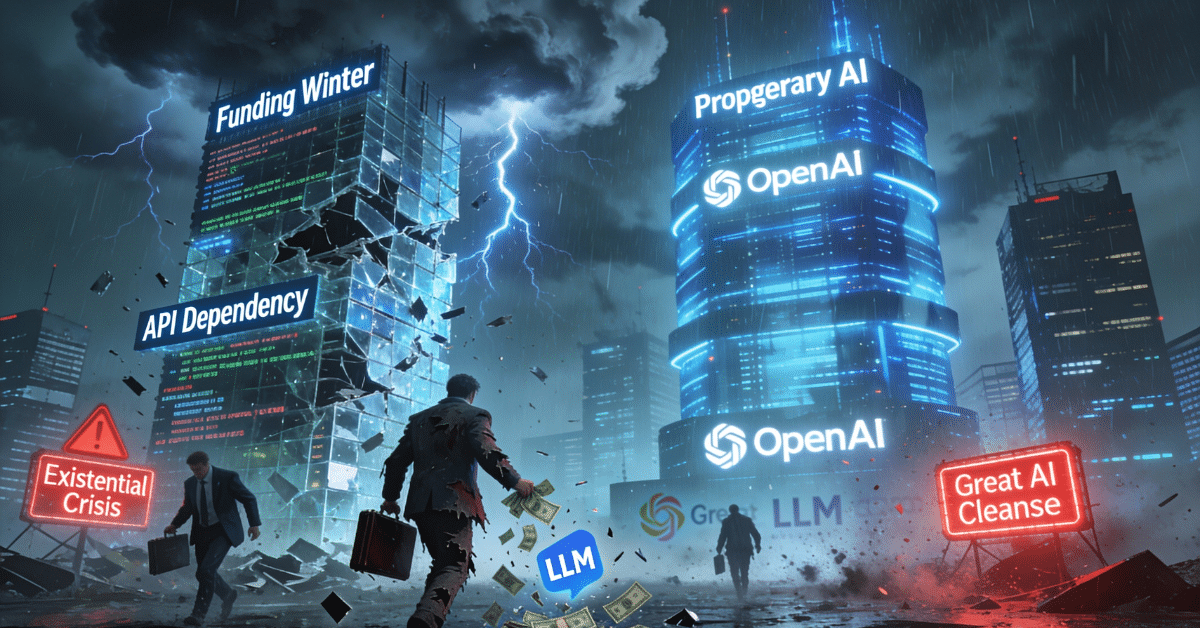 Alt Text: Futuristic cyberpunk cityscape showing the thin-wrapper AI startups crisis, with a crumbling glass tower labeled Funding Winter and API Dependency collapsing beside a glowing Proprietary AI skyscraper, desperate founders fleeing through storm and lightning in the Great AI Cleanse