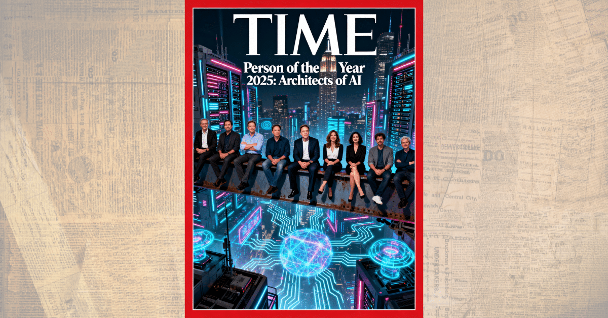 Time Architects of AI Person of the Year 2025 magazine-style cover with leading AI pioneers