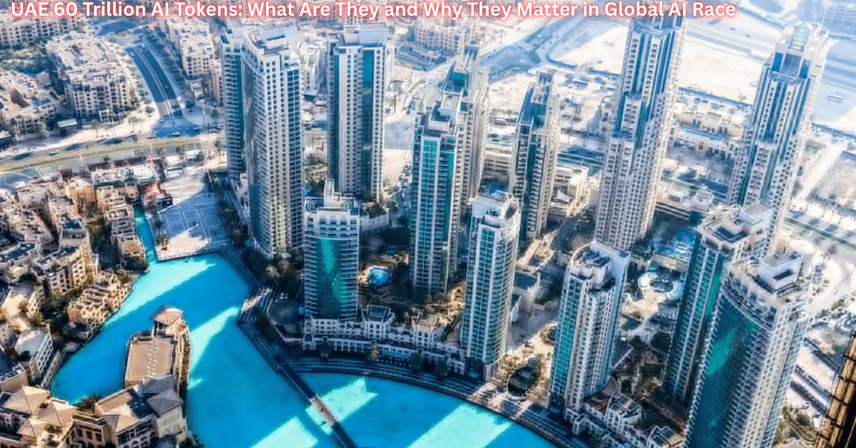 Futuristic Stargate AI campus in Abu Dhabi processing UAE 60 trillion AI tokens with glowing GPU servers