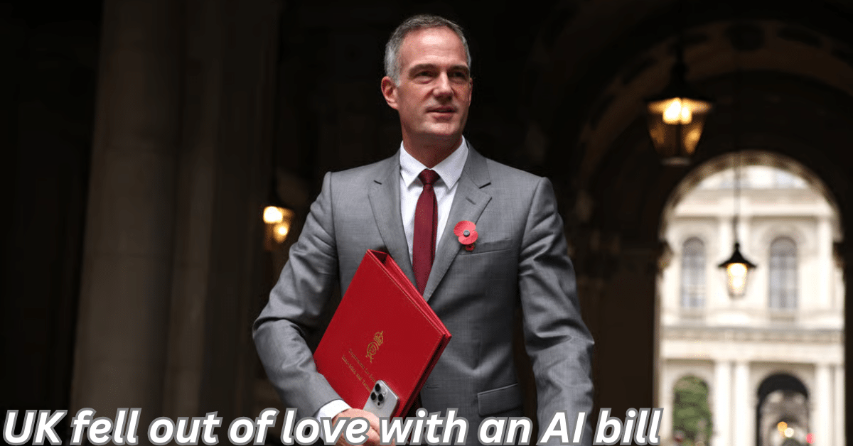 UK technology secretary holding a red government briefcase as debate grows over the UK stepping back from an artificial intelligence regulation bill.