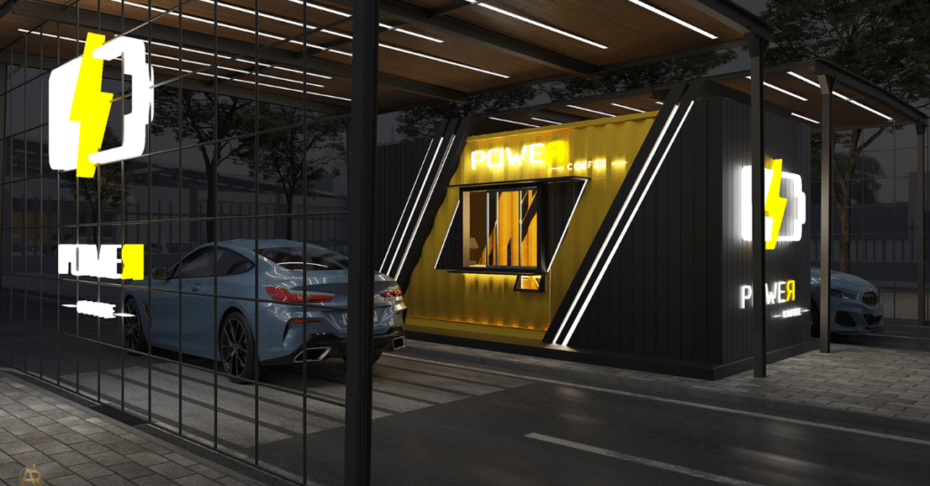 Futuristic AI-powered drive-thru coffee shop with black-and-yellow modular design, glowing lightning logo, and parked electric cars at night.