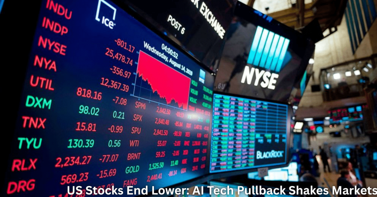 Electronic market boards inside the New York Stock Exchange show falling U.S. stock indices in red, with NYSE branding visible during a market downturn.