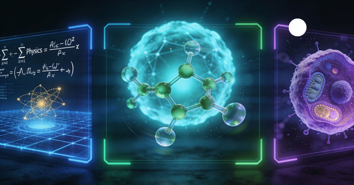 A conceptual image of an AI undergoing a benchmark test, depicted as a glowing AI brain examining a series of complex holographic interfaces for physics, chemistry, and biology.