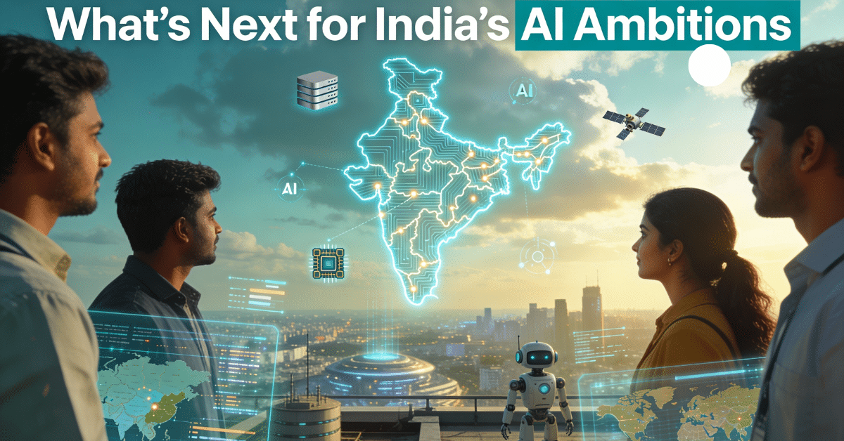India’s AI ambitions future with engineers overlooking futuristic tech city, holographic AI networks and glowing innovation map