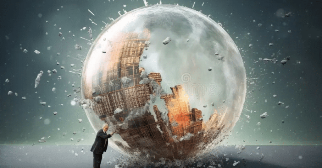 A businessman pushes against a giant transparent bubble containing a crumbling city skyline, symbolizing the collapse of an AI-driven economic bubble.
