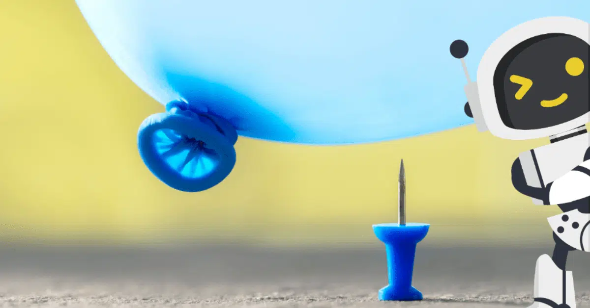Humans shattering the glowing AI bubble to reclaim control in a futuristic tech landscape.