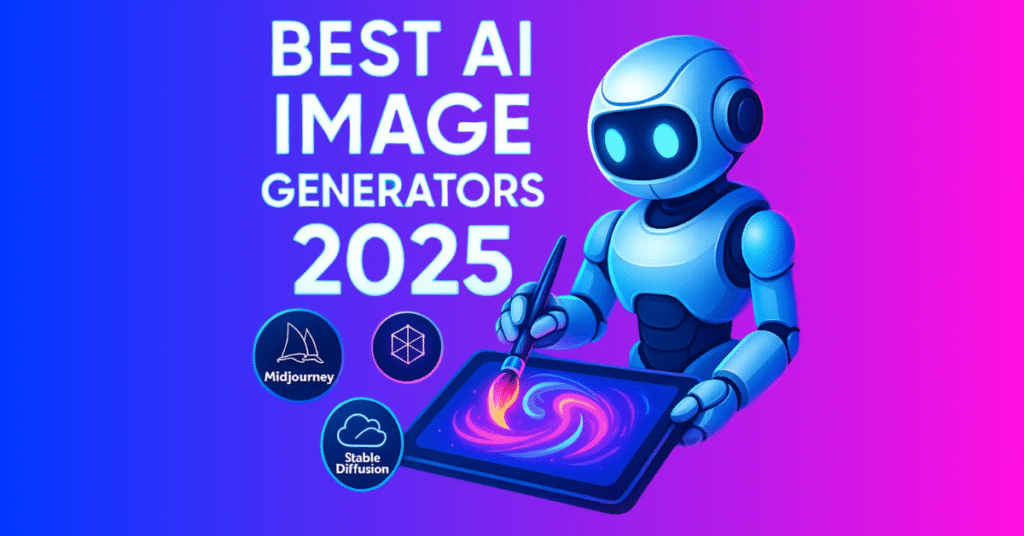 Best AI image generators 2025 illustrated with a futuristic robot creating digital art using tools like Midjourney and Stable Diffusion.