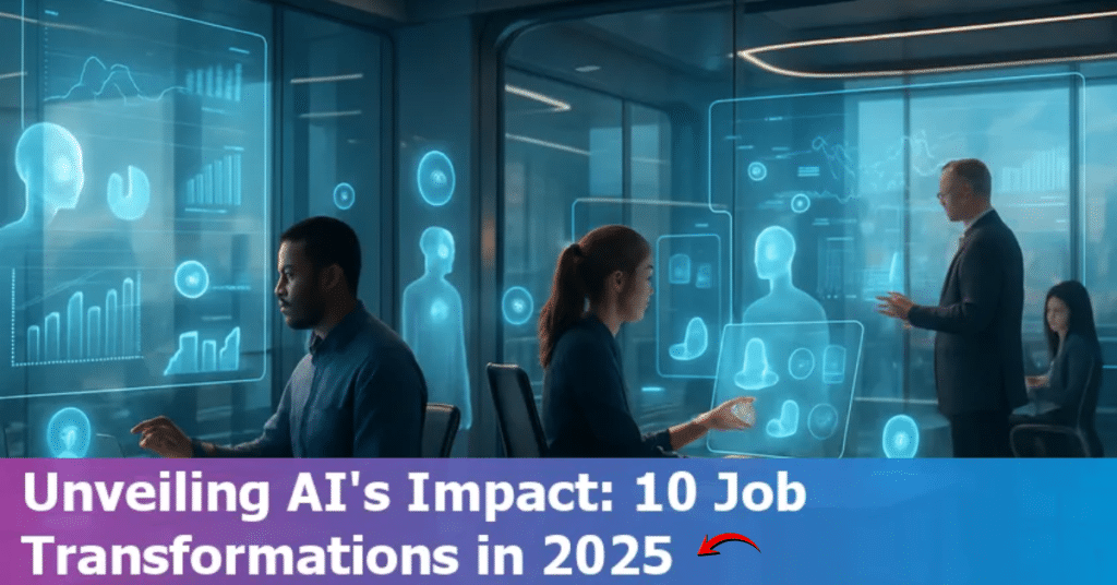 Professionals working in a futuristic office with holographic AI dashboards and human digital avatars, illustrating AI-driven job transformations in 2025.