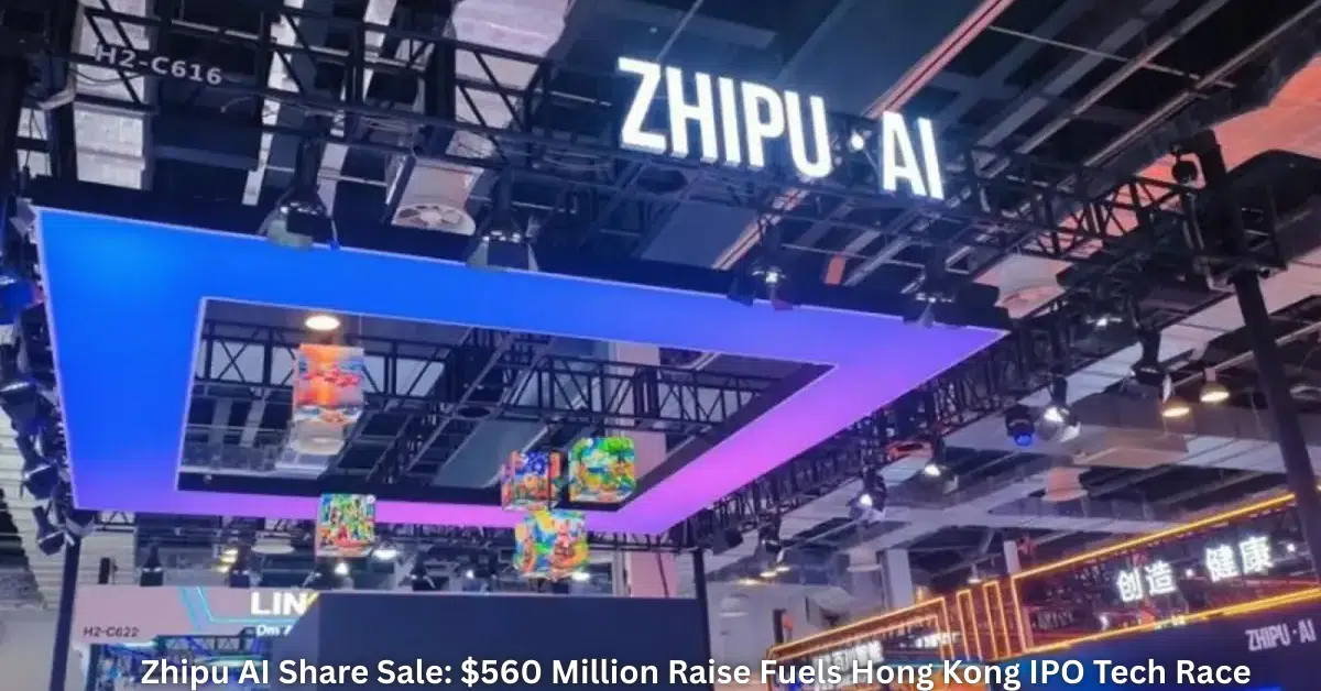 Zhipu AI exhibition booth with illuminated signage, colorful hanging digital art cubes, and a futuristic stage setup highlighting the company’s presence at a major tech event.