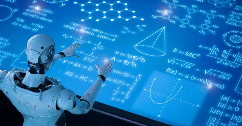 A humanoid robot stands at a large glowing blue digital board filled with mathematical formulas, graphs, and geometric shapes, symbolizing how math powers AI.