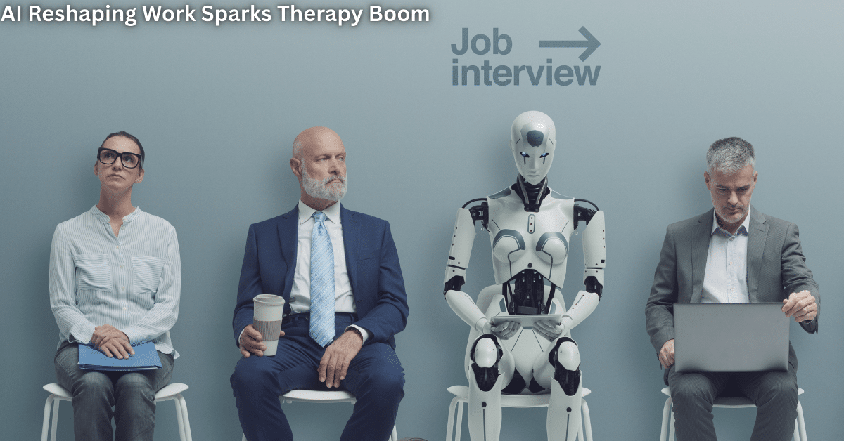 Job interview scene showing three human professionals and a humanoid AI robot seated in a row, highlighting how artificial intelligence is reshaping work and employment.