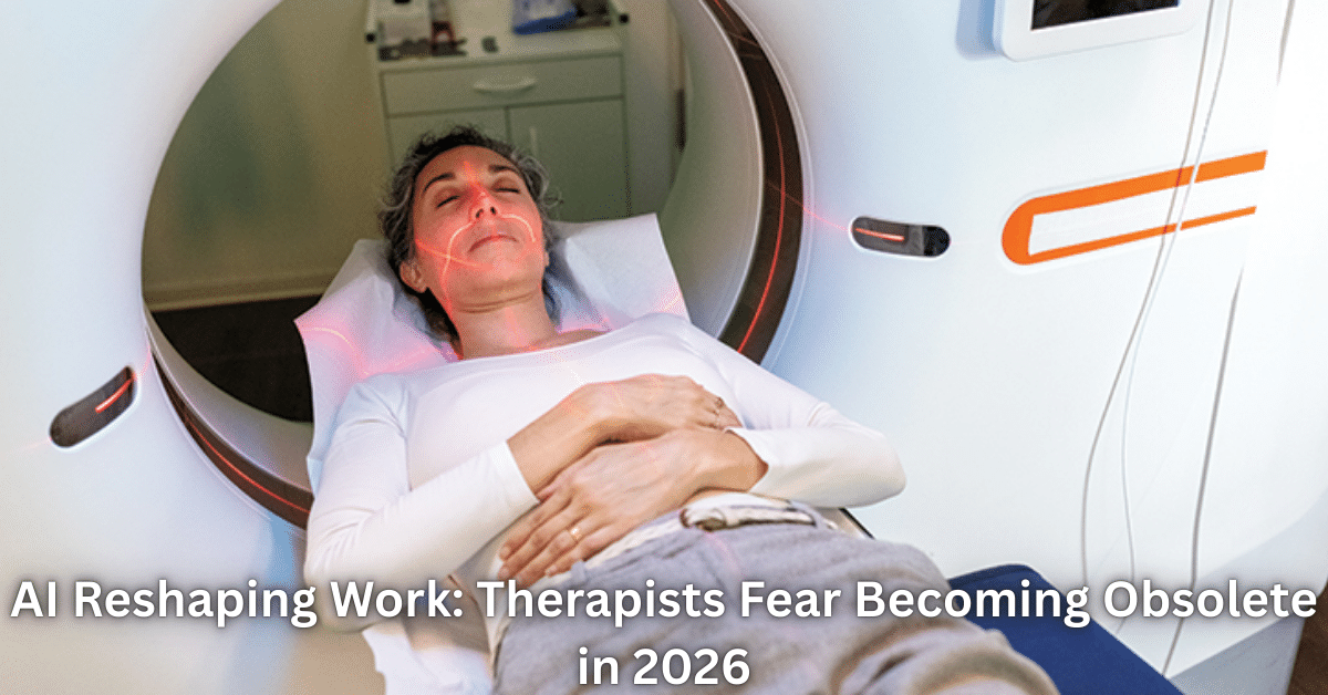 Patient lying inside an AI-powered brain scanning or therapeutic imaging machine, illustrating artificial intelligence transforming mental health care.