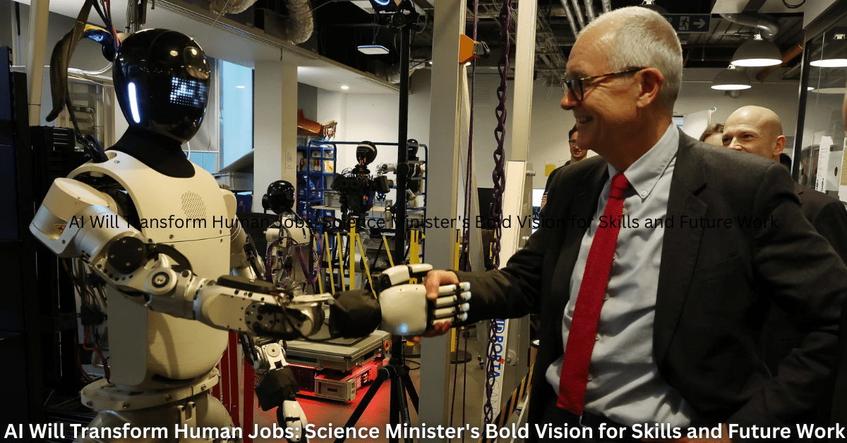 A humanoid robot shakes hands with a smiling senior man in a suit inside a robotics laboratory, symbolizing collaboration between humans and artificial intelligence.