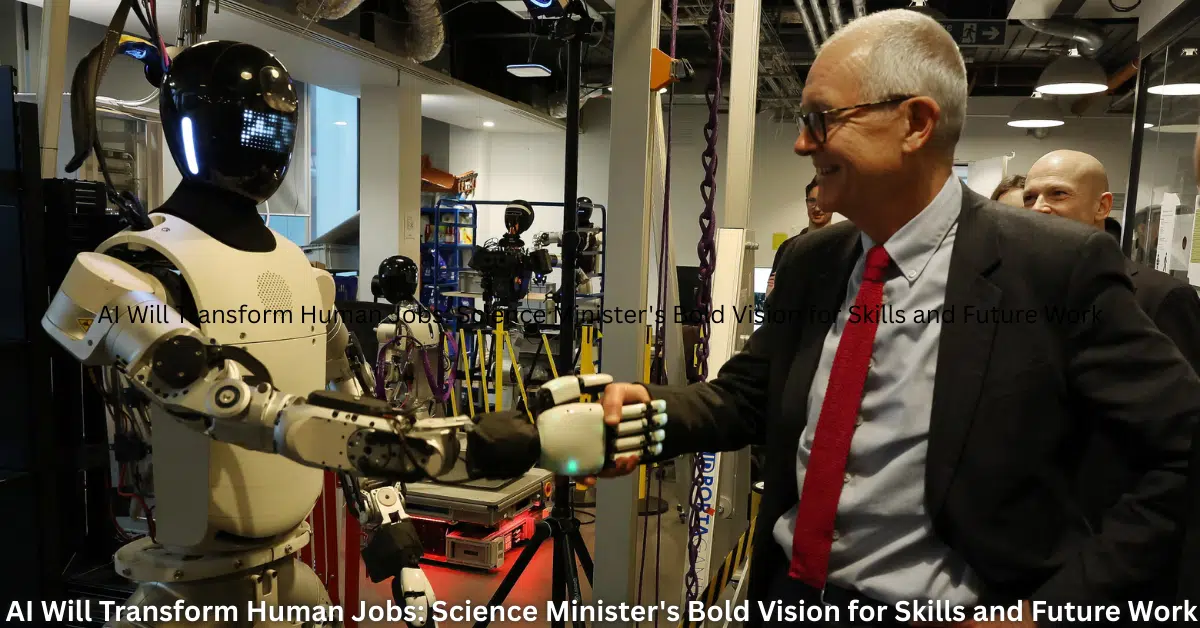 A humanoid robot shakes hands with a smiling senior man in a suit inside a robotics laboratory, symbolizing collaboration between humans and artificial intelligence.