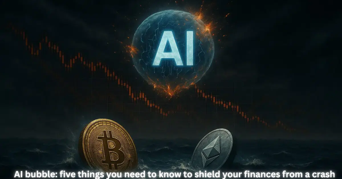 AI bubble concept showing a glowing AI sphere above falling market charts, with Bitcoin and Ethereum coins sinking in dark water, symbolizing financial risk and potential market crash.
