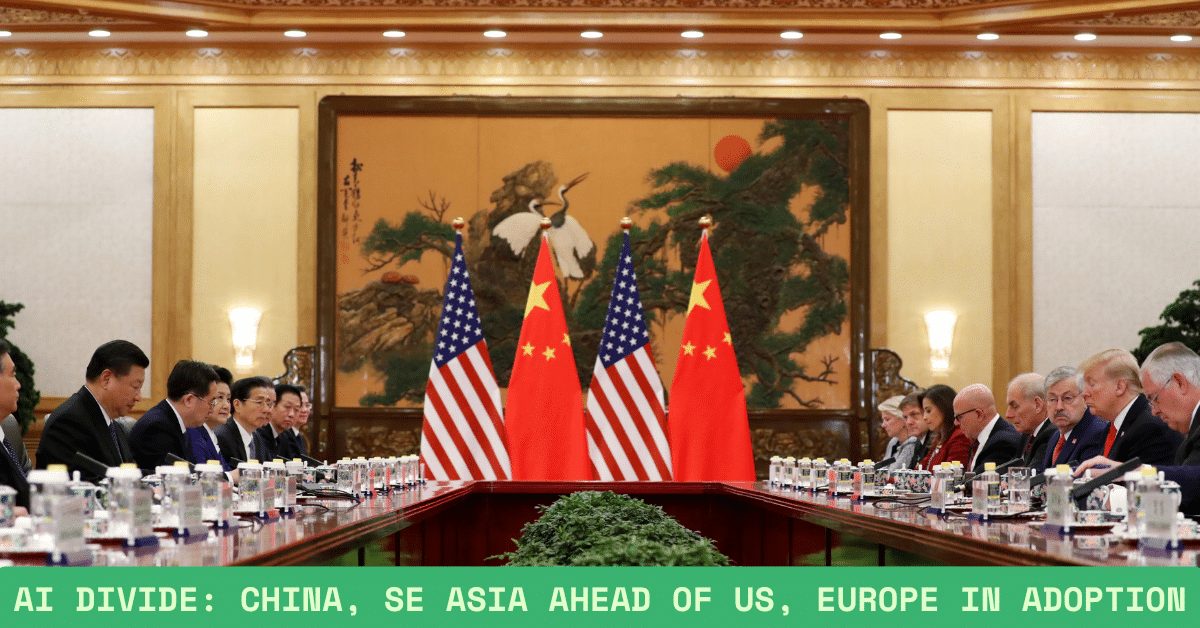 High-level diplomatic meeting between China and the United States with officials seated across a long table, Chinese and U.S. flags displayed prominently, symbolizing global AI policy and technology competition.