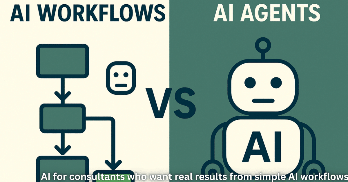 Split graphic comparing AI workflows and AI agents, with a flowchart of connected steps on the left and a humanoid robot labeled “AI” on the right.