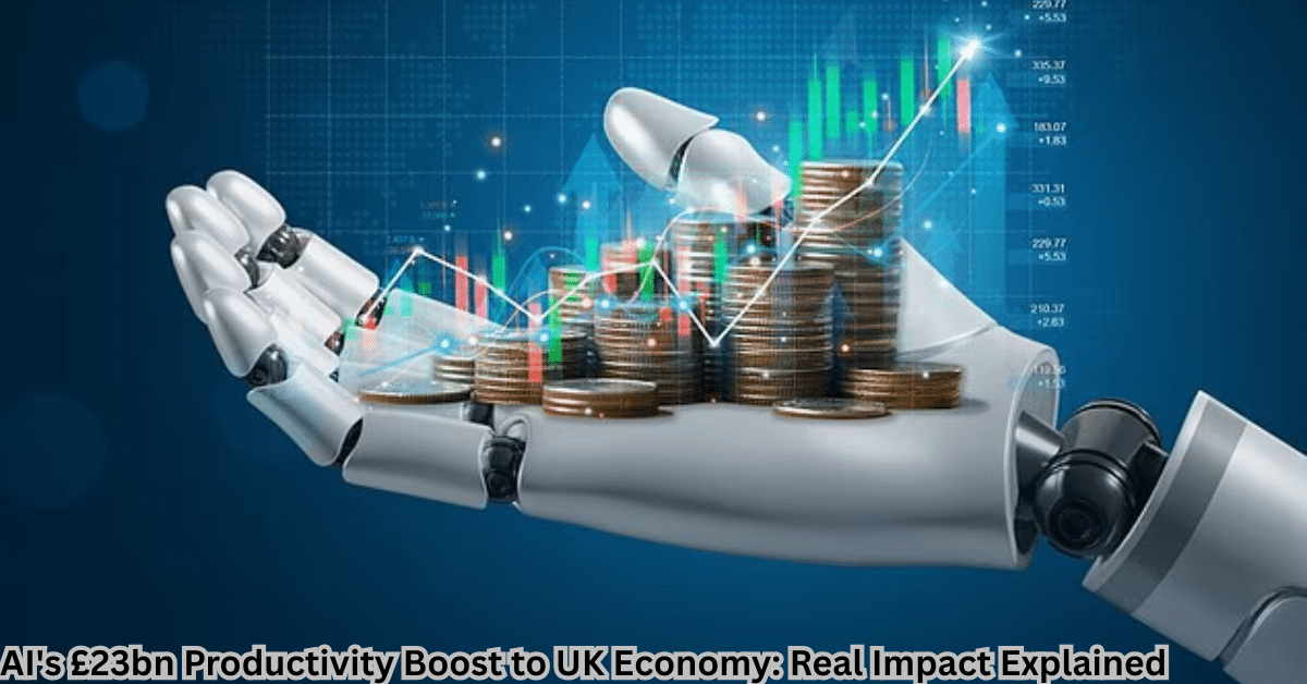 AI-powered robotic hand holding stacked coins with rising financial graphs, symbolizing a £23bn productivity boost to the UK economy through artificial intelligence.