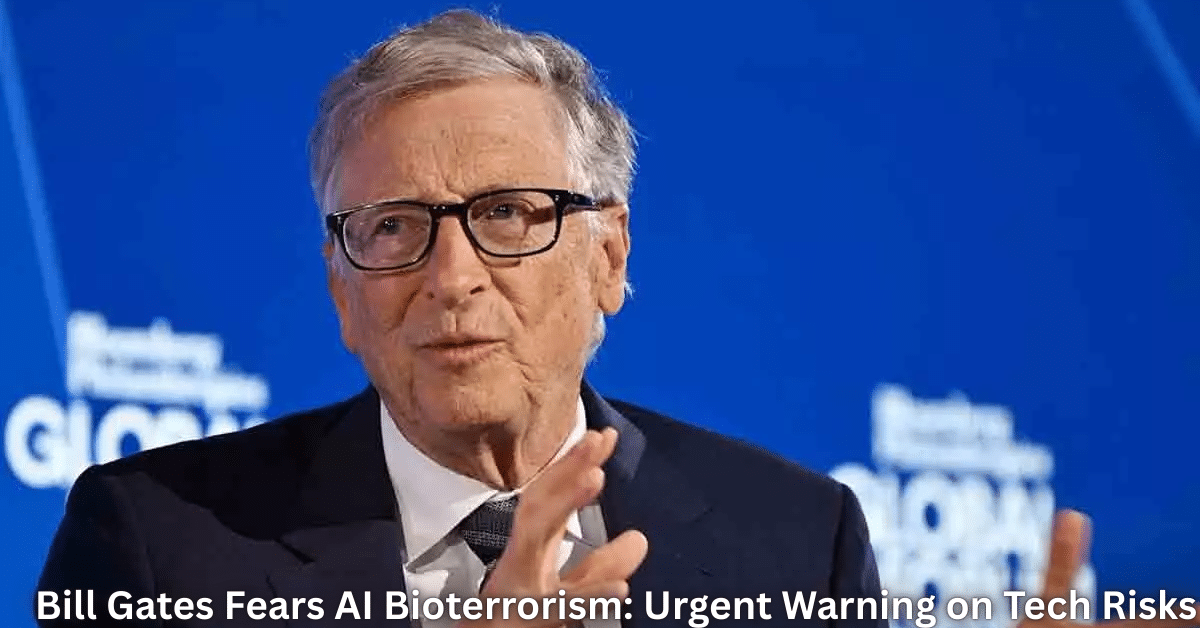 Senior technology leader speaking at a global forum, warning about artificial intelligence risks and bioterrorism threats.