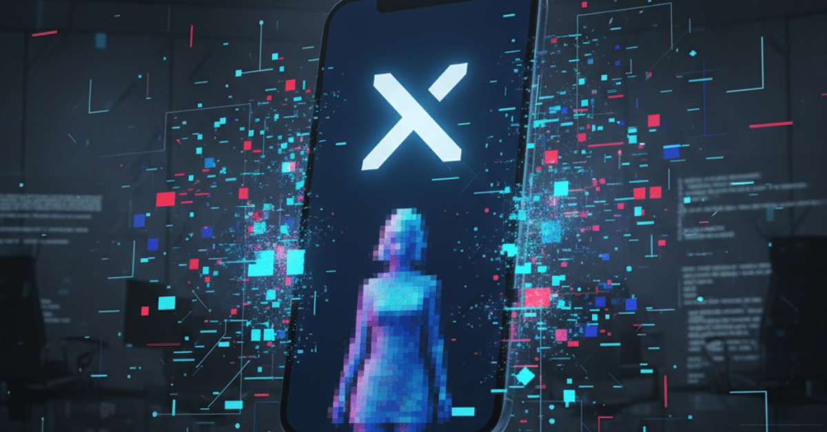 Editorial illustration of GrokAI controversy: blurred female silhouette on X platform smartphone screen with glitch effects, symbolizing AI photo misuse and privacy violation