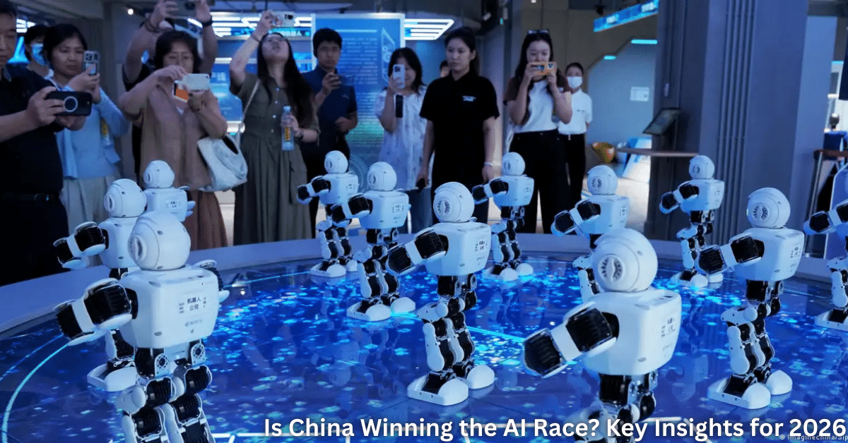 Visitors watch and record a synchronized demonstration of small humanoid robots performing movements on a circular, illuminated platform inside a modern technology exhibition space.