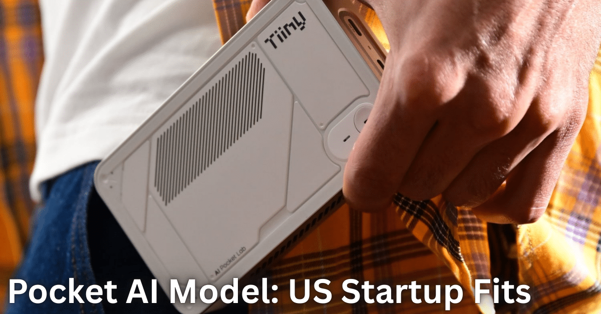 Hand holding a white Tiiin! AI Pocket Lab device with speaker grille and minimalist design.