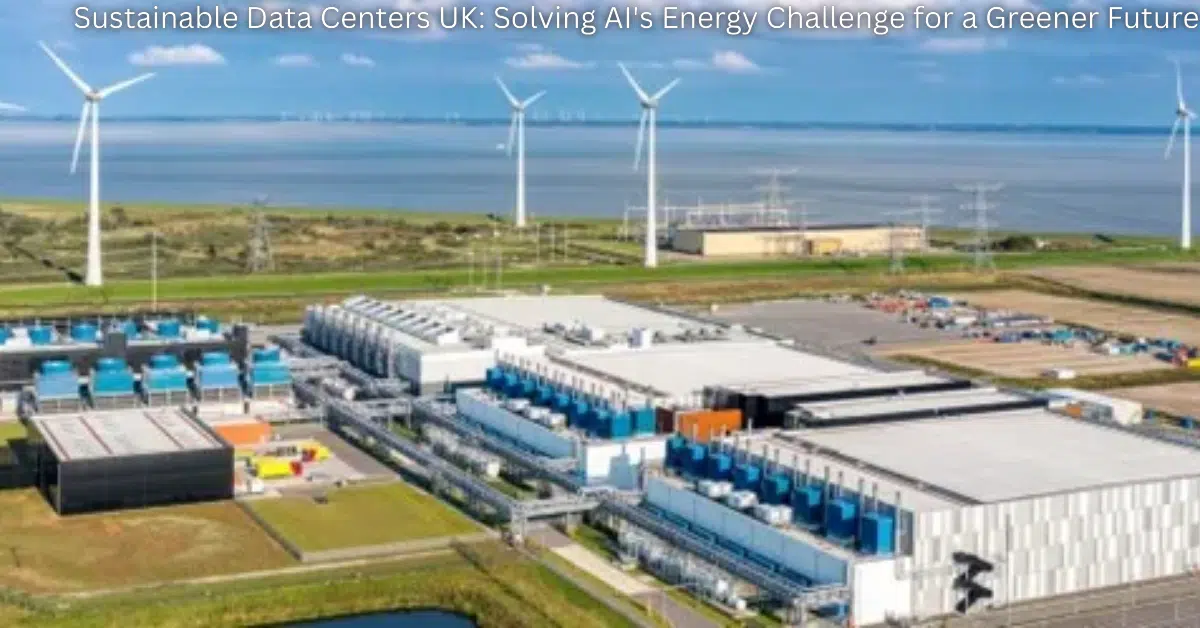A large sustainable data center complex near the coastline, powered by nearby wind turbines, illustrating green energy use for AI infrastructure in the UK.
