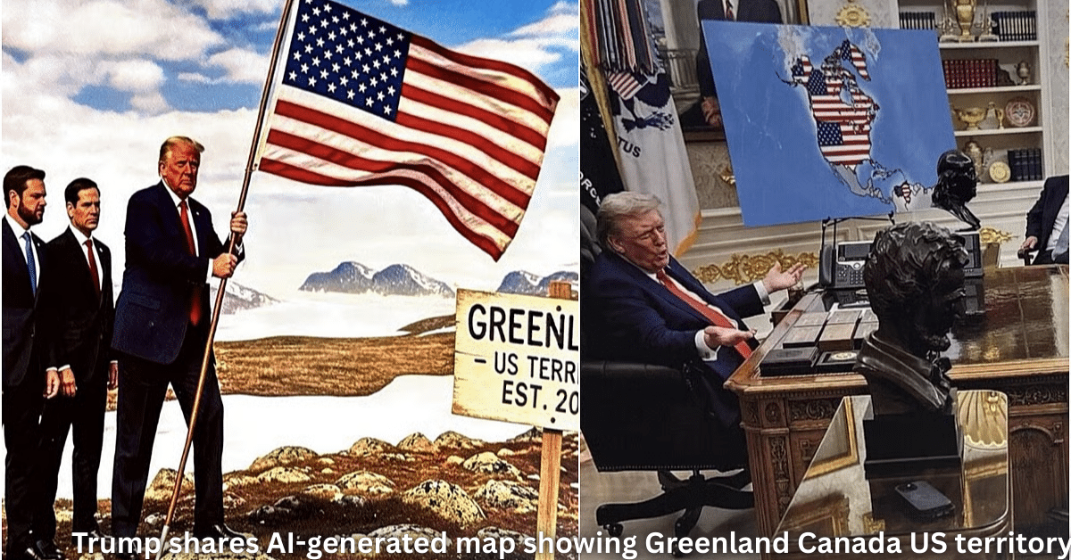 Split image showing a political leader holding a U.S. flag in a cold, Arctic-like landscape beside a sign referencing Greenland, alongside an office scene with a map depicting North America filled with U.S. flag imagery.
