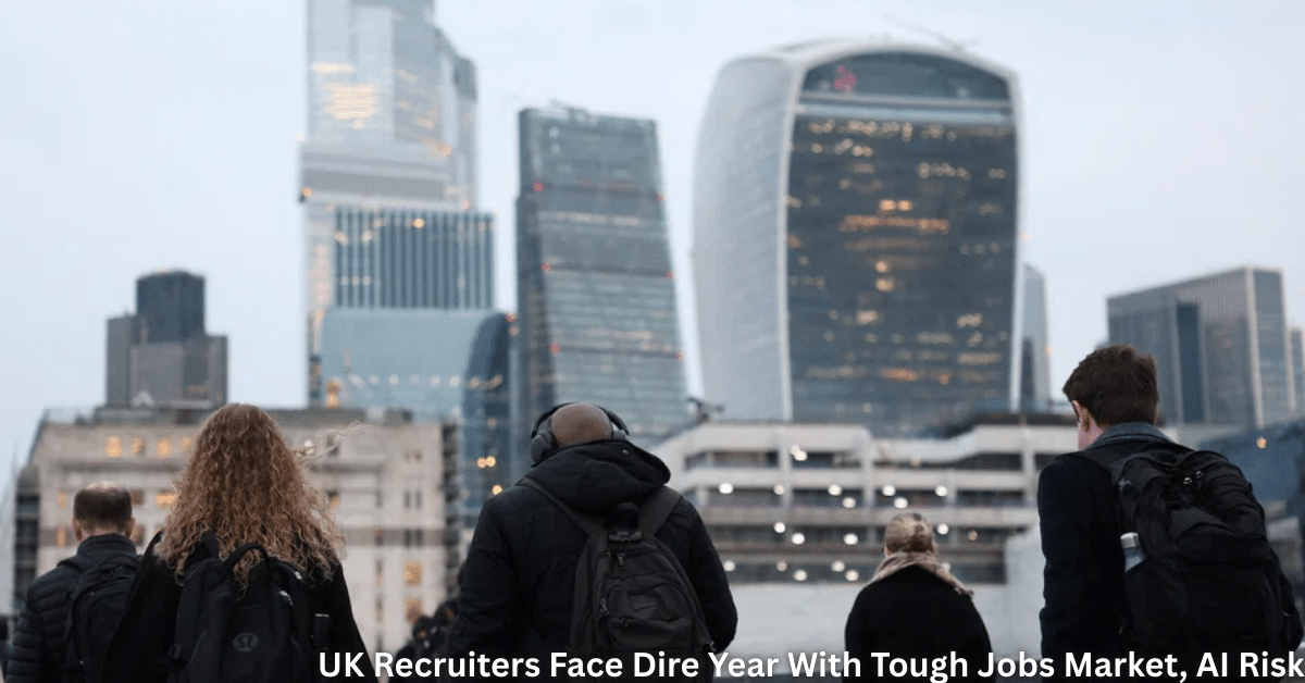 UK professionals walk through London’s financial district as recruiters face a difficult year amid a tough job market and rising AI risks.
