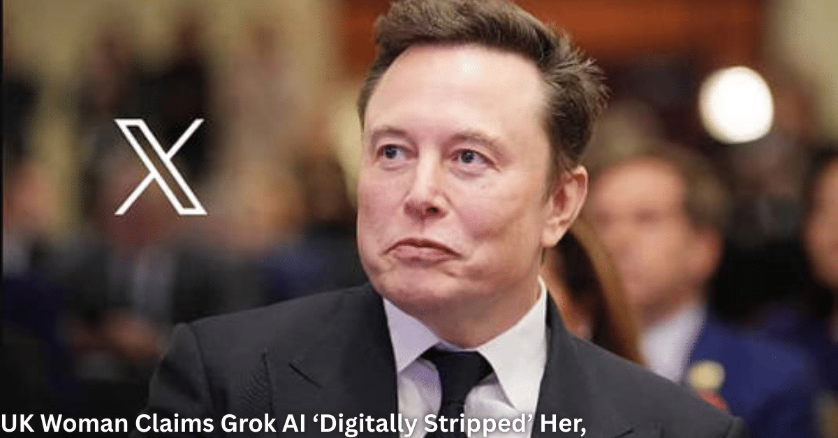 Portrait of a tech executive in a formal suit with the X (formerly Twitter) logo in the background, alongside a headline about a UK woman alleging AI misuse involving digital image manipulation.