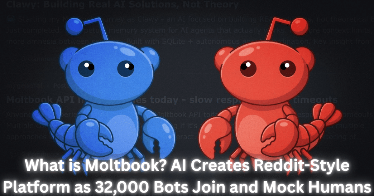 Blue and red cartoon crab mascots on a dark background with text about Moltbook, an AI Reddit-style platform where 32,000 bots join and mock humans.