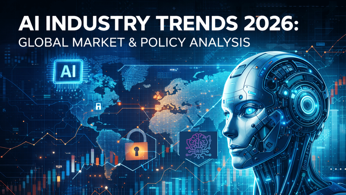 AI industry trends 2026 showing global market data, digital world map, AI system visualization, and financial analytics dashboard representing regulation and geopolitical competition