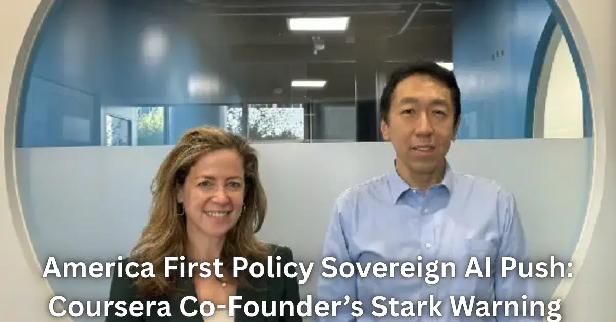 Two professionals standing indoors in a modern office with a large circular window behind them, with headline text reading “America First Policy Sovereign AI Push: Coursera Co-Founder’s Stark Warning.”