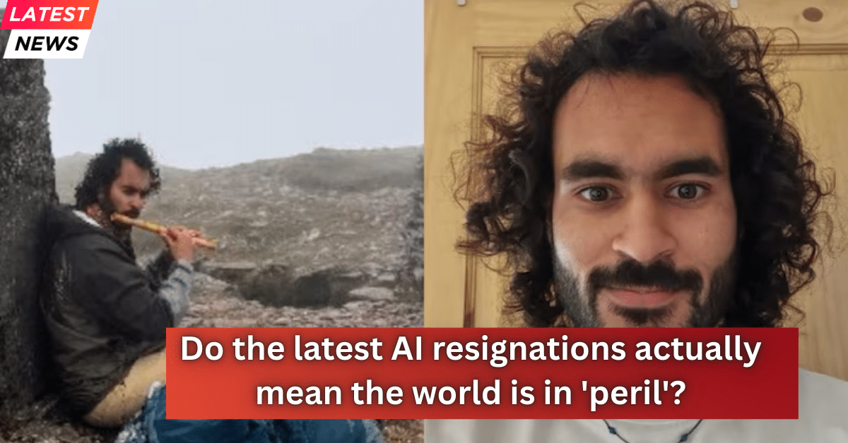 Split image showing a man playing a flute outdoors in a rocky landscape on one side and a close-up portrait of the same man indoors on the other, with a headline about AI resignations.