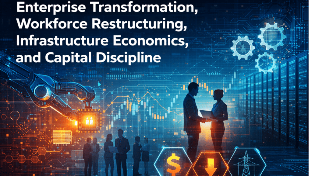 Enterprise AI transformation showing automation robotics, business executives reviewing data dashboards, workforce restructuring symbols, financial charts, and infrastructure energy indicators