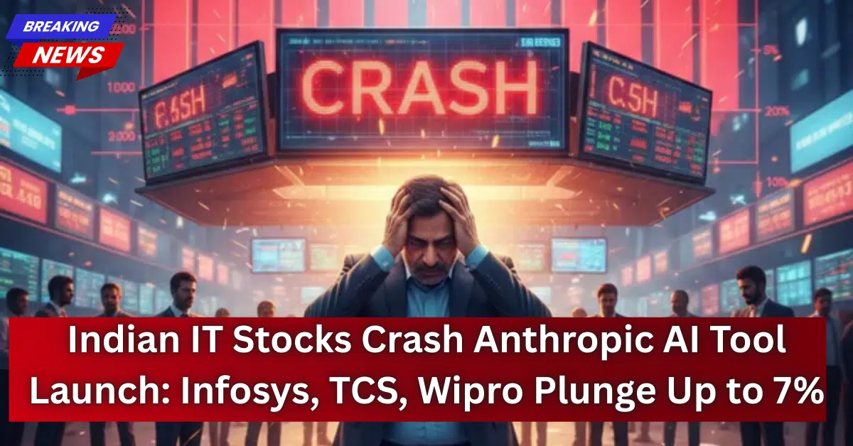 Breaking news style graphic showing a worried businessman holding his head on a trading floor, with large screens flashing “CRASH” and a headline about Indian IT stocks falling after an Anthropic AI tool launch.