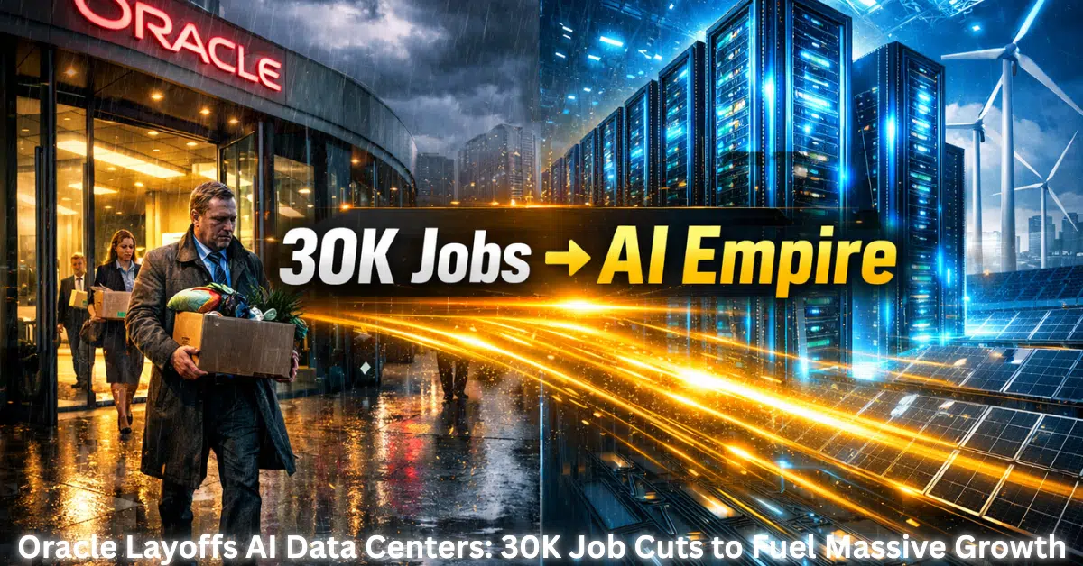 Split-screen cyberpunk hero image showing rainy Oracle headquarters with employees leaving carrying boxes on the left, and a glowing neon-blue AI data center with wind turbines and solar panels on the right, connected by golden energy beams and text “30K Jobs → AI Empire.”