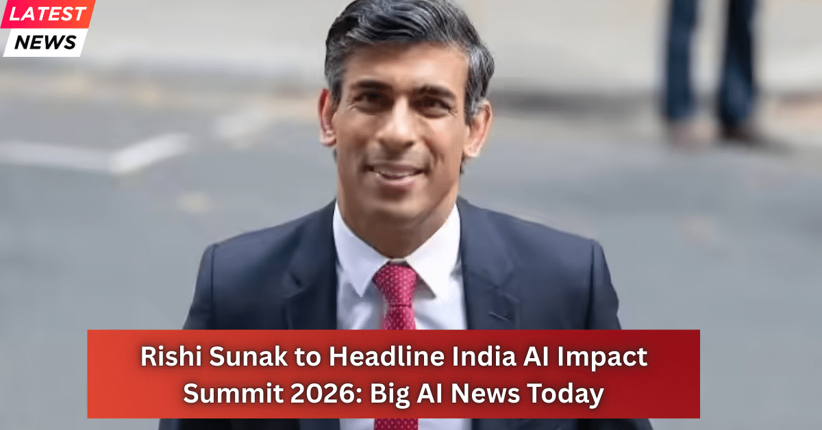 UK Prime Minister Rishi Sunak smiling in a formal suit as he prepares to headline the India AI Impact Summit 2026