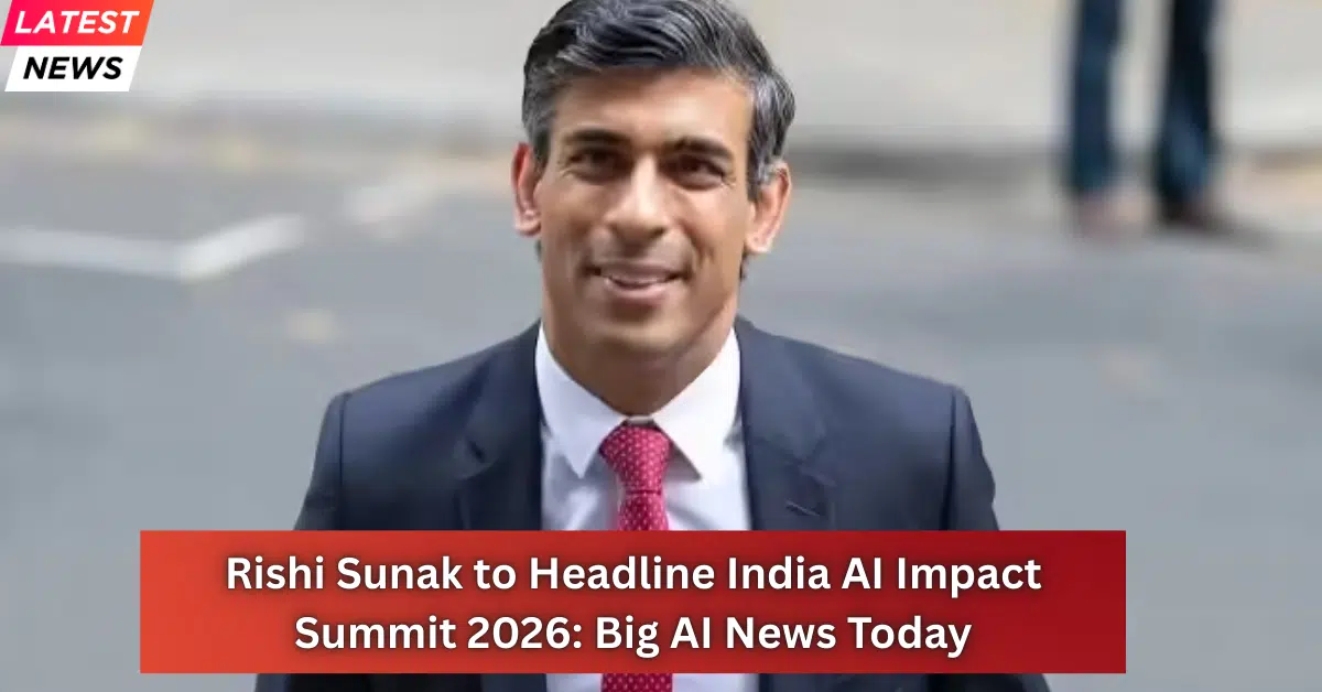UK Prime Minister Rishi Sunak smiling in a formal suit as he prepares to headline the India AI Impact Summit 2026