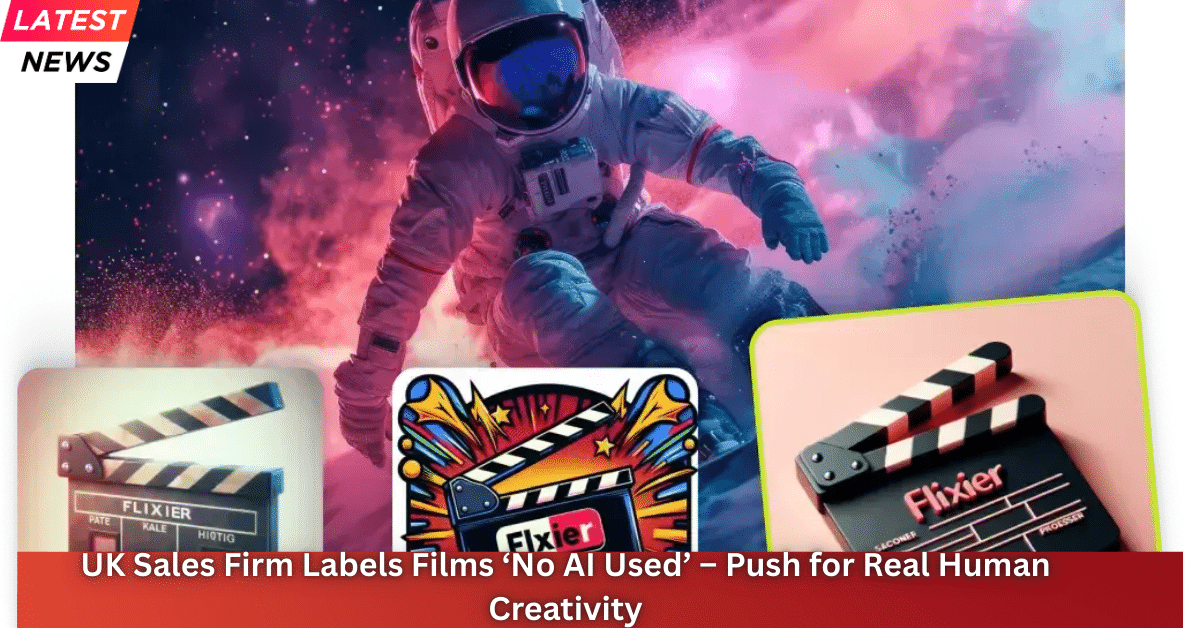 Astronaut floating through a colorful space scene alongside film clapperboards and “Flixier” logos, illustrating a news story about films labeled “No AI Used” to promote human creativity.
