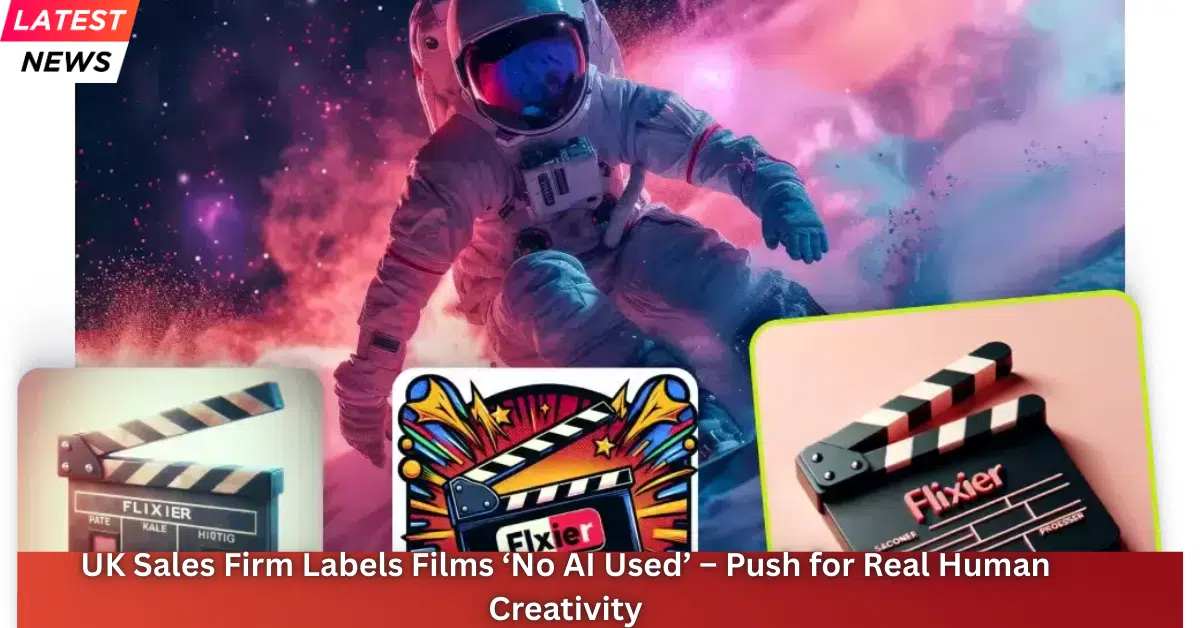 Astronaut floating through a colorful space scene alongside film clapperboards and “Flixier” logos, illustrating a news story about films labeled “No AI Used” to promote human creativity.