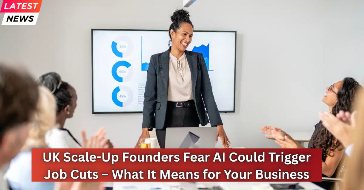 Business leader smiling during a team meeting as colleagues applaud, with charts displayed on a screen behind her, illustrating concerns about AI-driven job cuts in UK scale-ups.