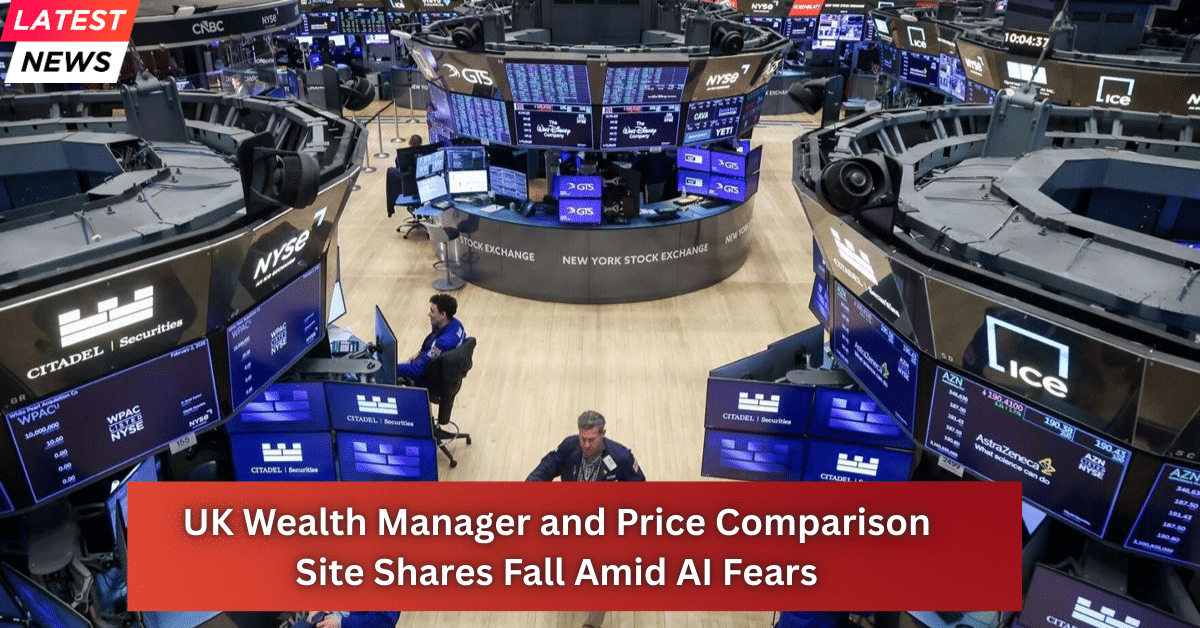 New York Stock Exchange trading floor with multiple digital screens as global markets react to UK wealth manager and price comparison site shares falling amid AI concerns