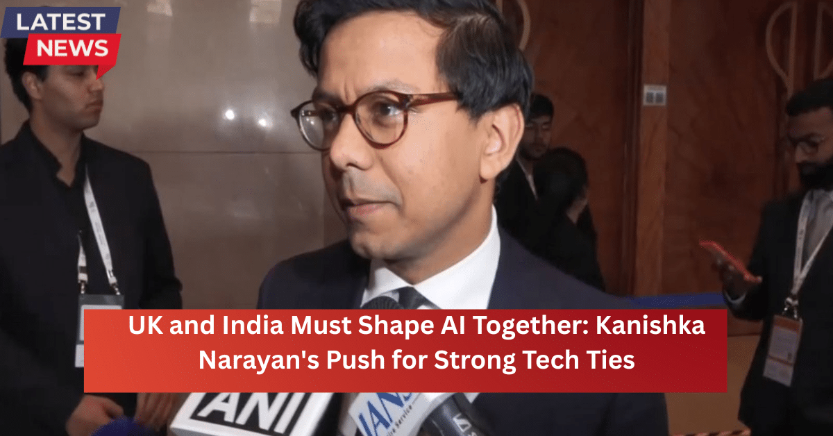 Indian tech policy expert speaking to the media at an international event, discussing UK–India cooperation on artificial intelligence and technology partnerships