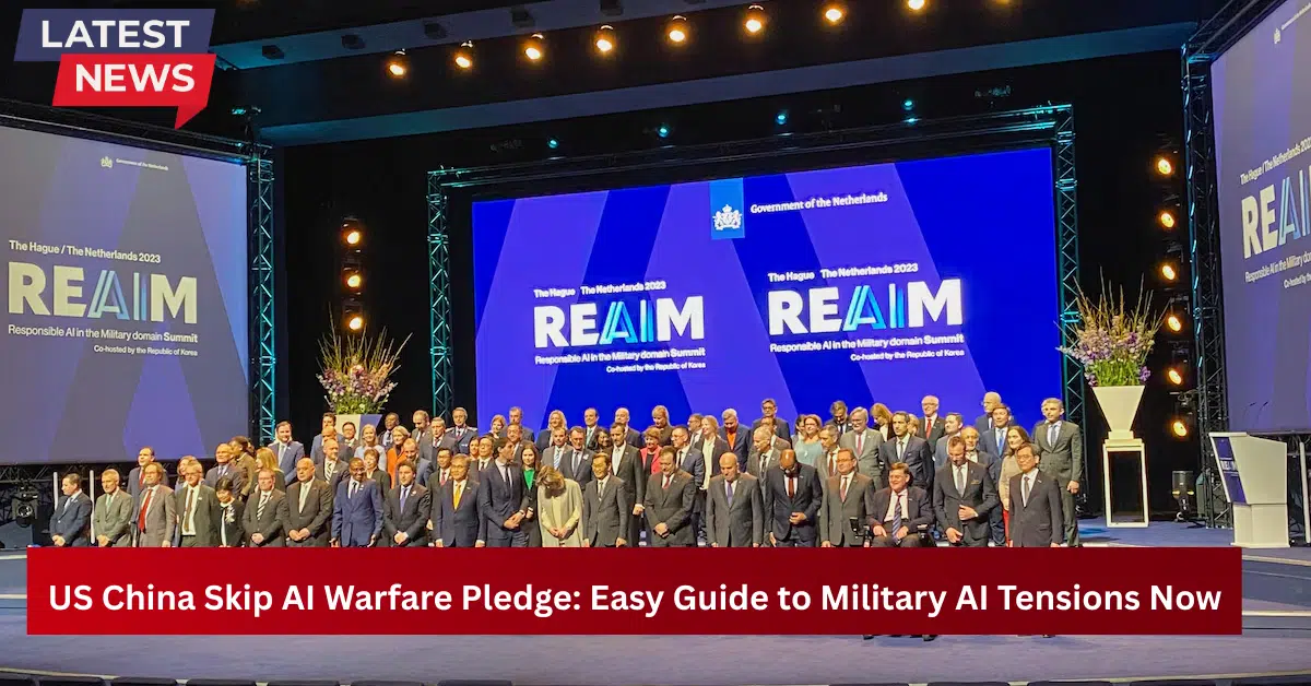 International delegates and officials stand on stage at the Responsible AI in the Military (REAIM) Summit in The Hague, discussing global military AI governance.